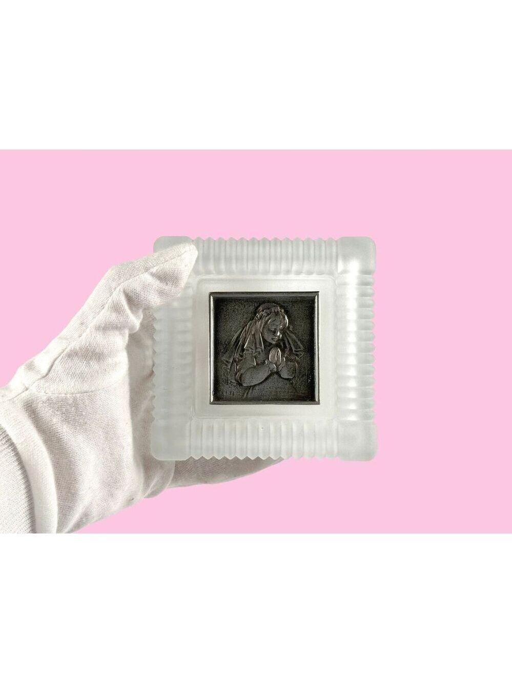 Vintage French Frosted Glass Cigarette Trinket Box Pewter Praying Madonna Lid